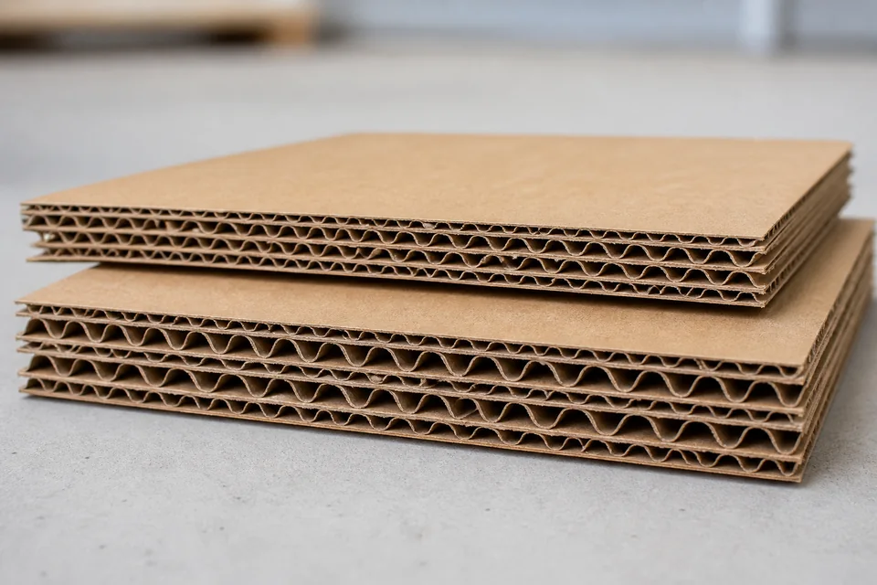 Corrugated packaging board showing fluted layers
