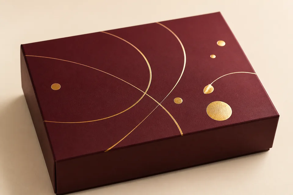 Gold foil stamping detail on dark paperboard