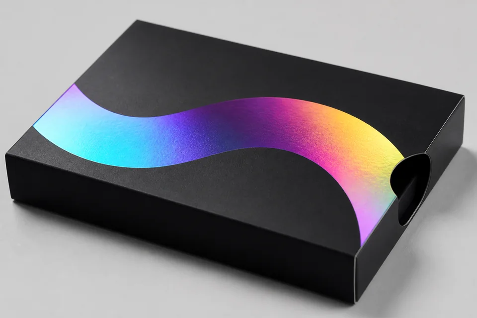 Holographic foil finish reflecting multiple colors