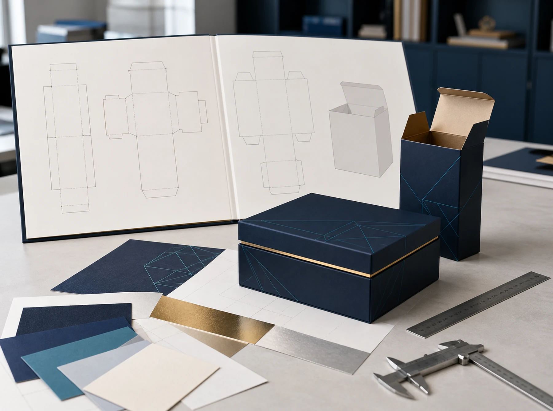 Packaging dielines, paper swatches and custom box prototypes on a design table
