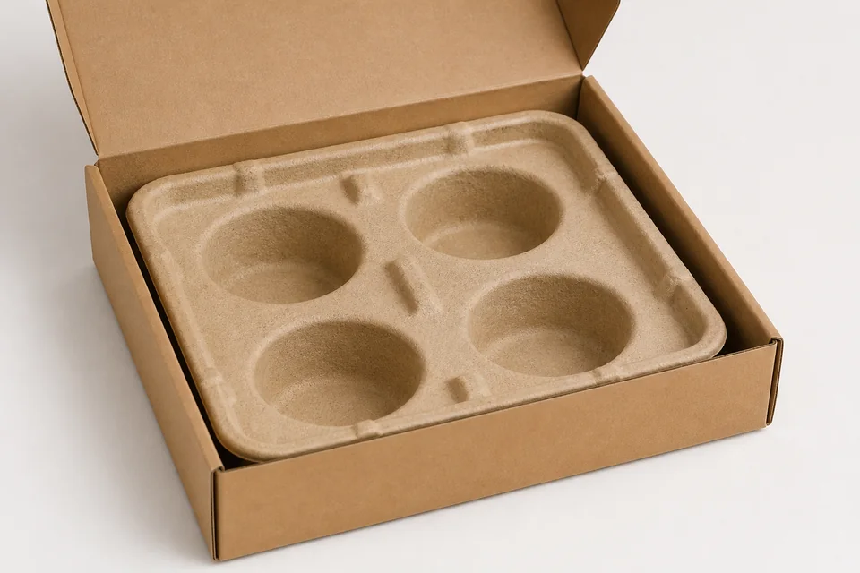 Molded pulp packaging tray with shaped compartments