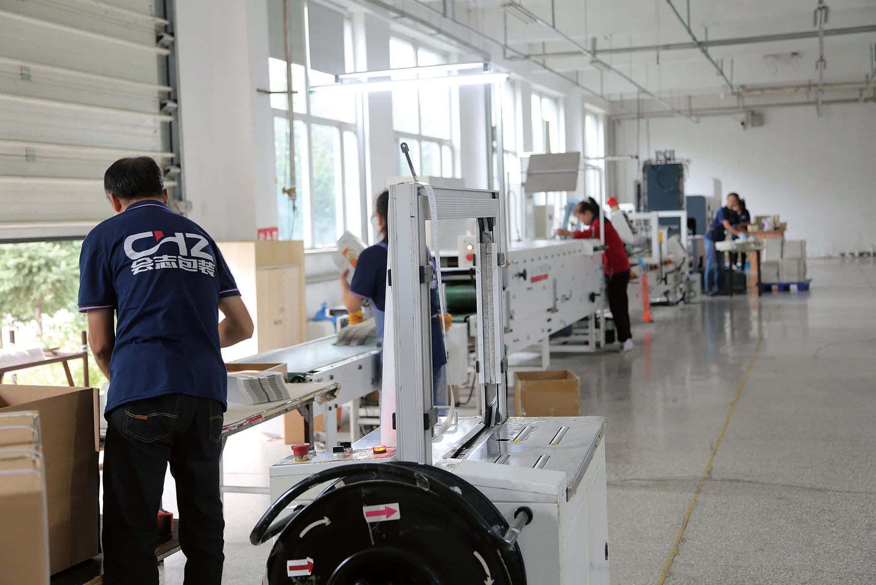 Huizhi employees working along a packaging production line