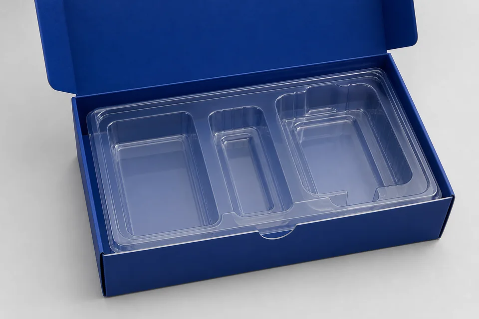 Thermoformed plastic tray fitted inside a box