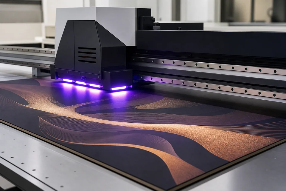 UV printing unit curing ink on packaging board