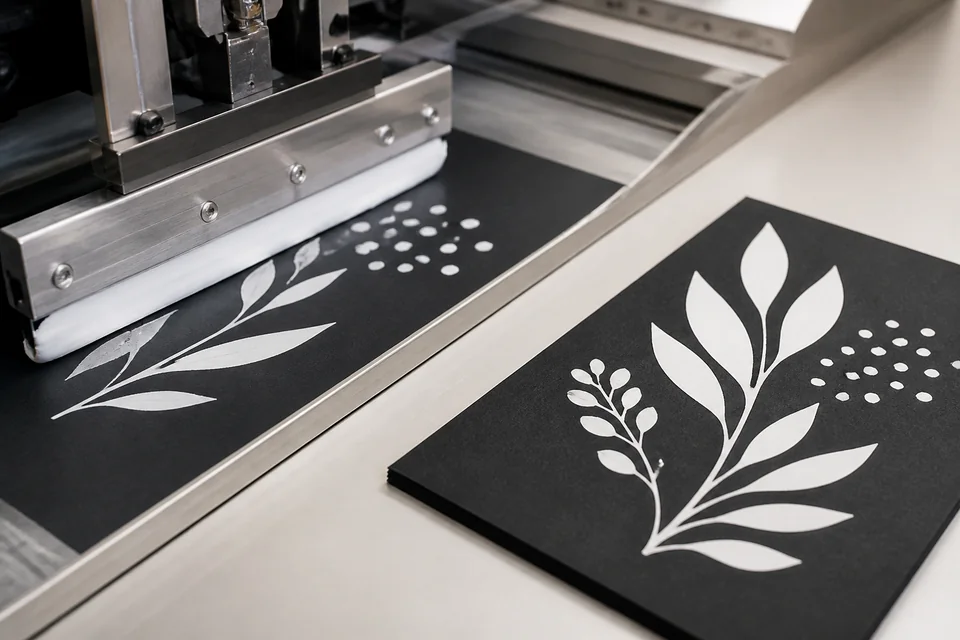 White ink printed on dark colored paperboard