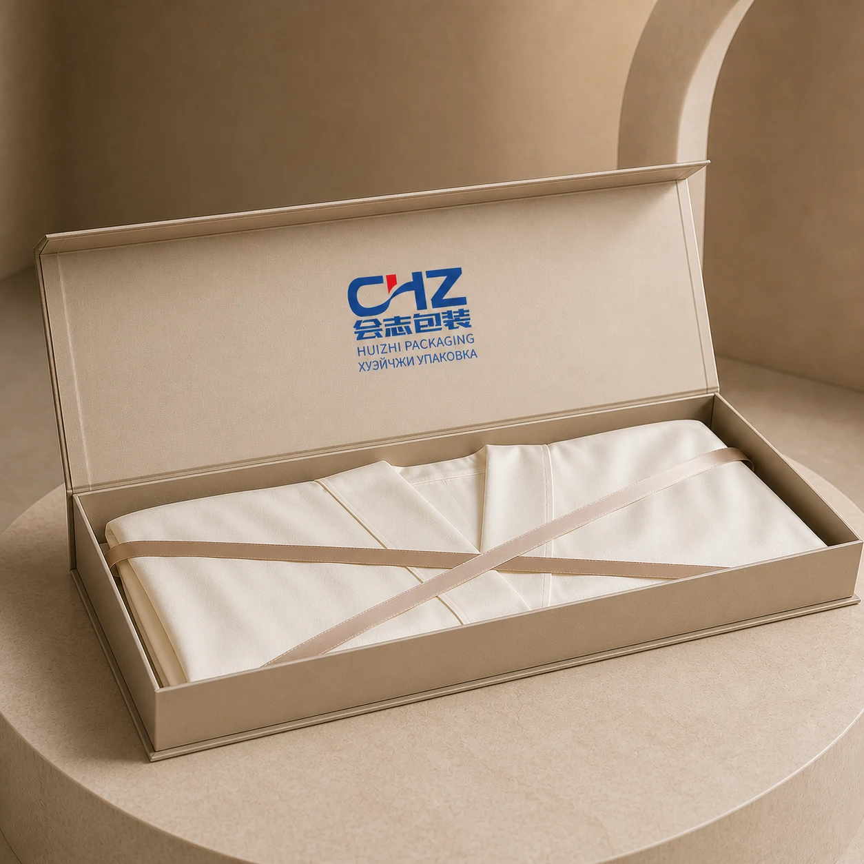 Open champagne-colored hinged rigid box holding a folded ivory robe beneath two crossed satin ribbons.