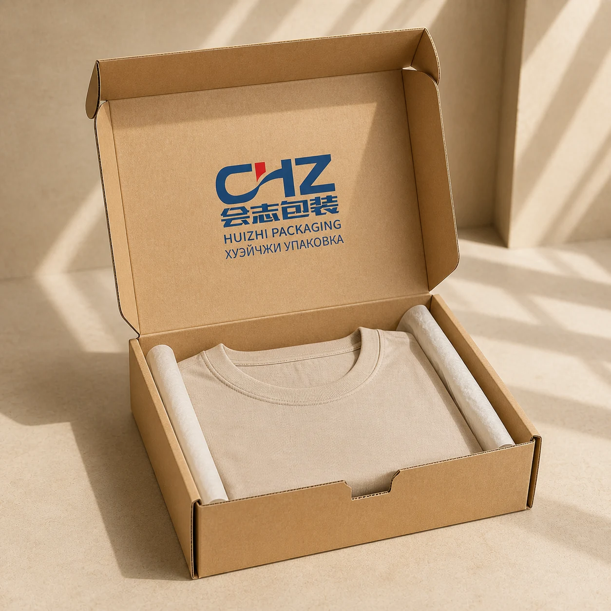 Open kraft corrugated e-commerce mailer box containing a neatly folded T-shirt and simple paper presentation.