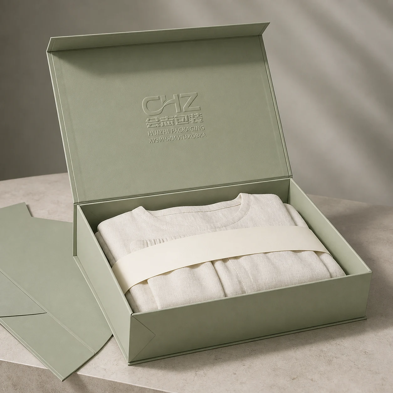 Open sage green collapsible magnetic box with unfolded side panels holding an ivory loungewear set beneath a paper band.