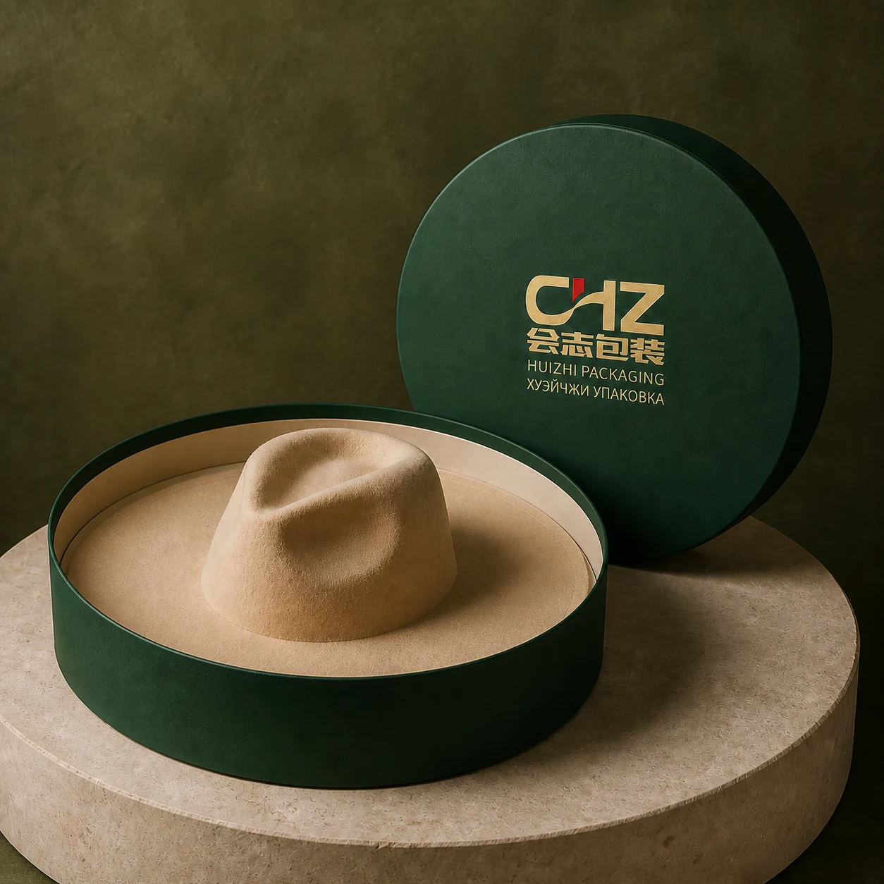 Open emerald green round rigid hat box presenting a structured fashion hat inside.