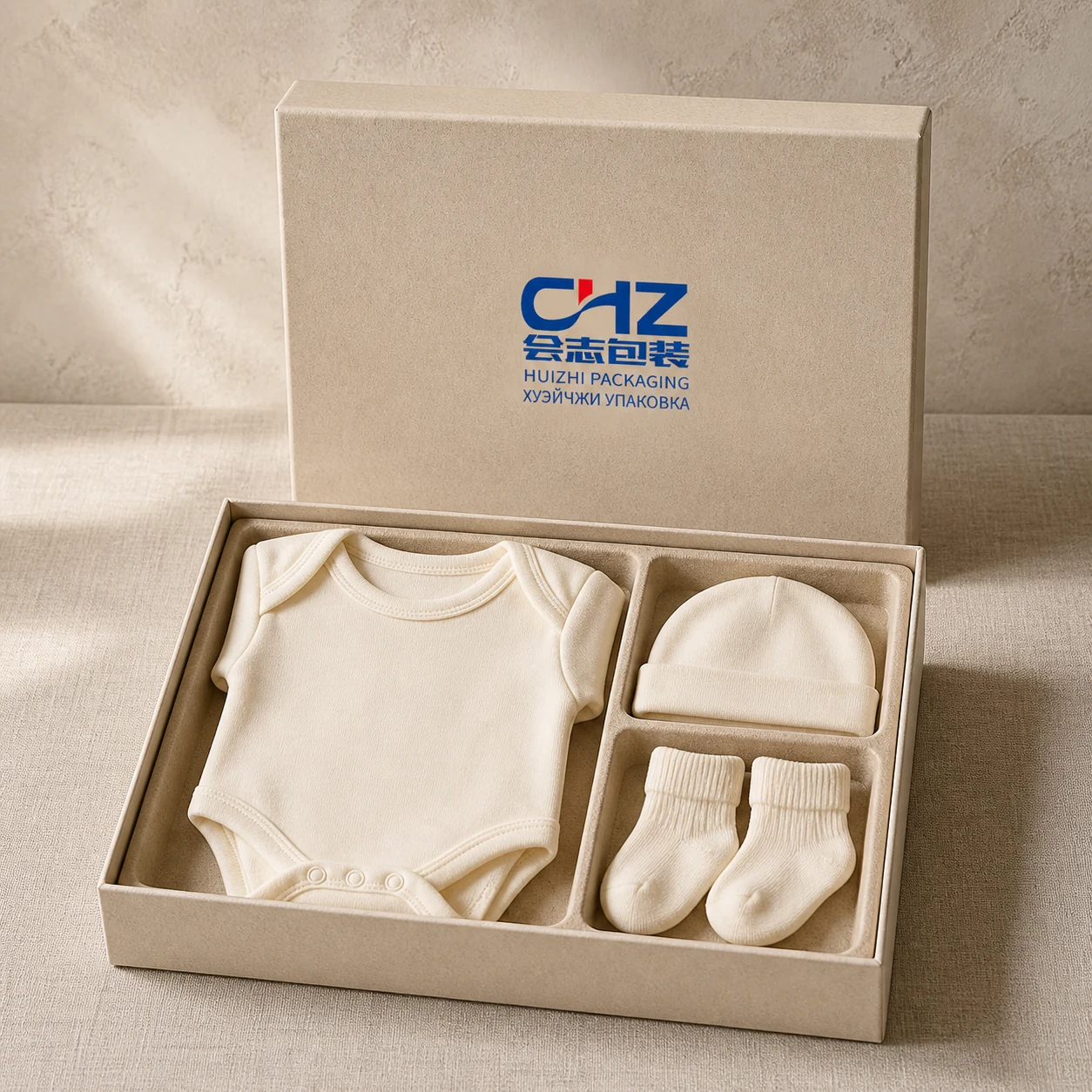 Open natural-fiber babywear gift box presenting folded infant clothing and small essentials in a paper-based insert.