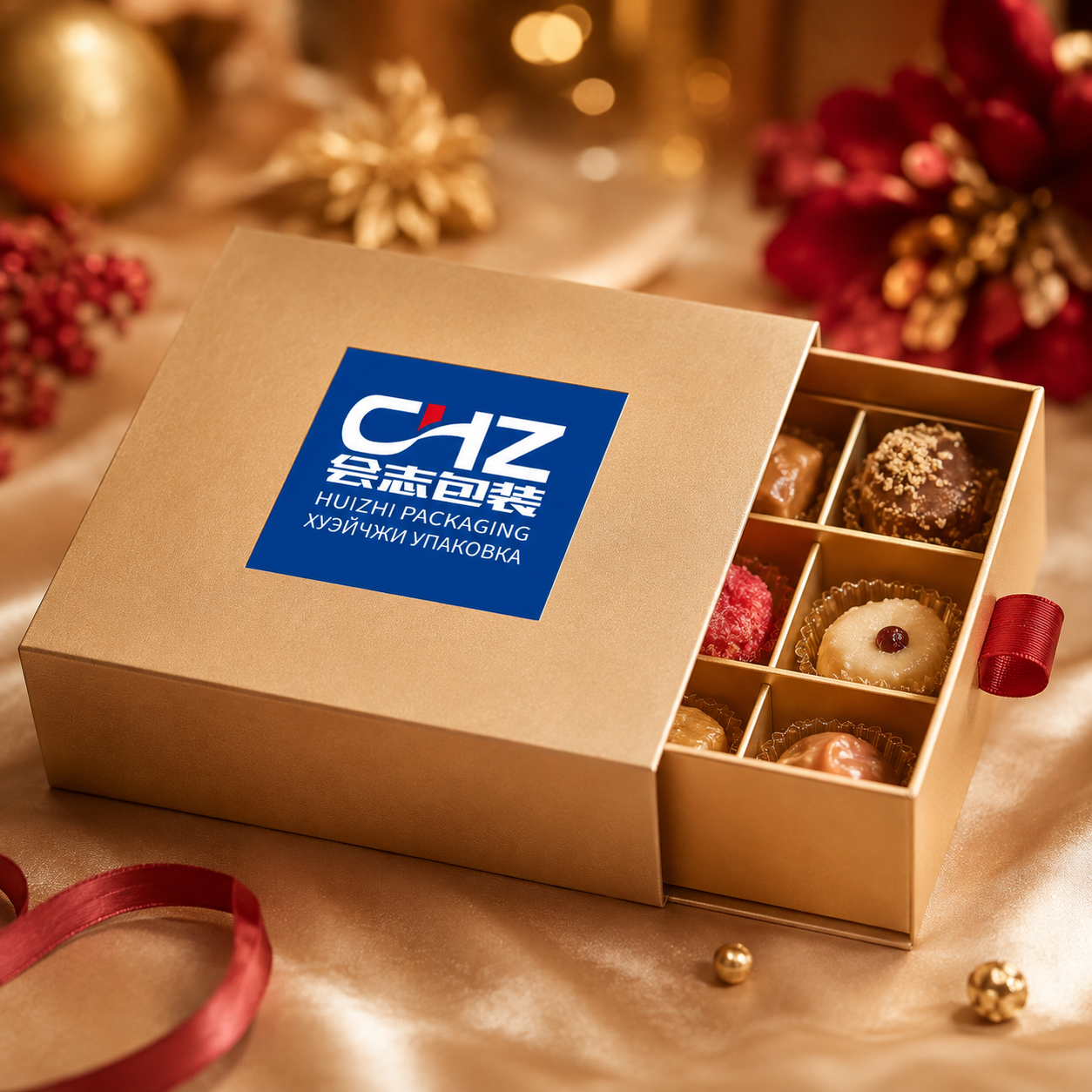 Open gold rigid drawer box with blue Huizhi Packaging label, red ribbon pull, and assorted confections in individual compartments.