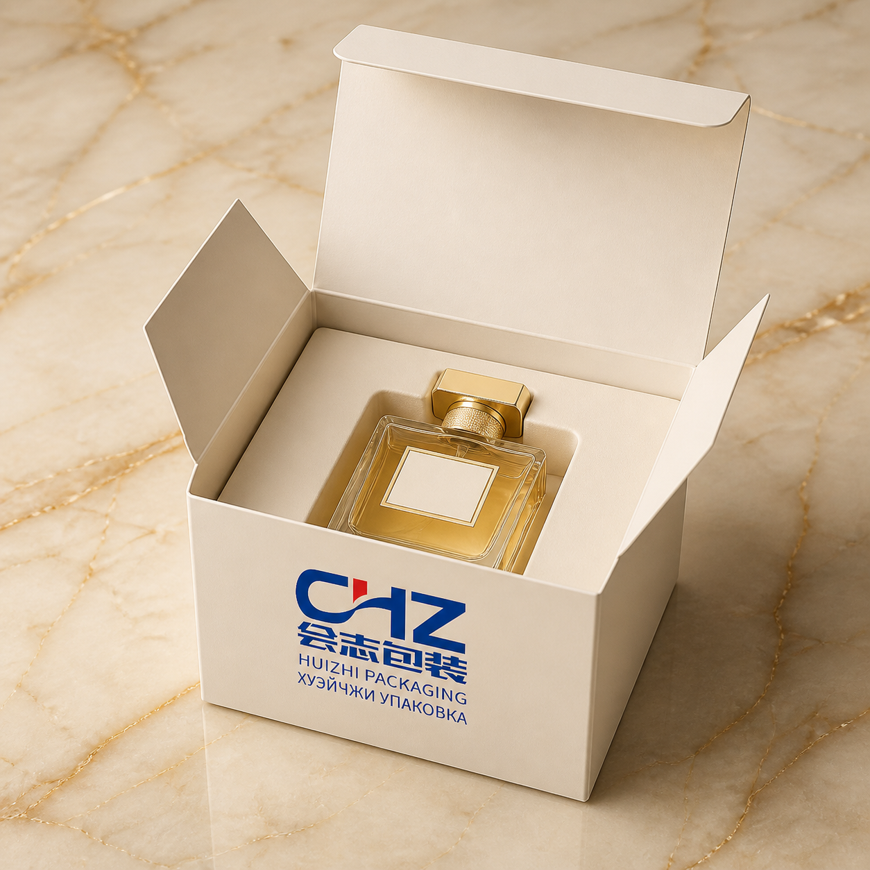 Open ivory folding carton with Huizhi Packaging logo, side flaps, and fitted insert holding a square perfume bottle.