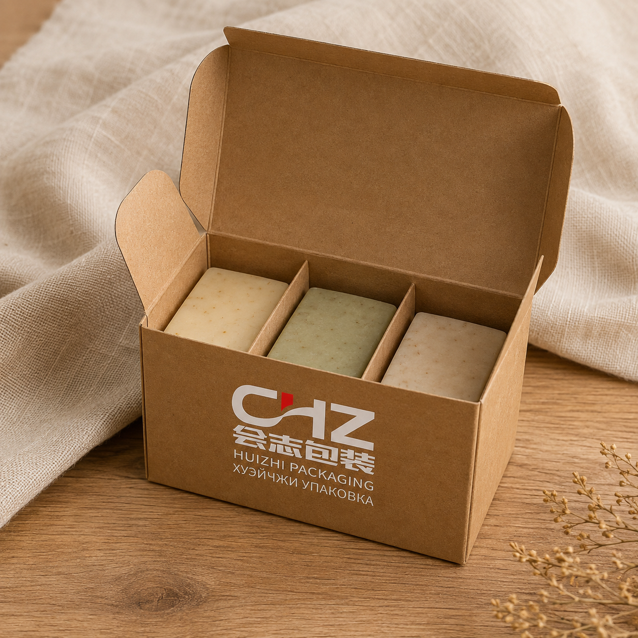 Open kraft folding carton with Huizhi Packaging logo and three divided compartments holding artisan soap bars.