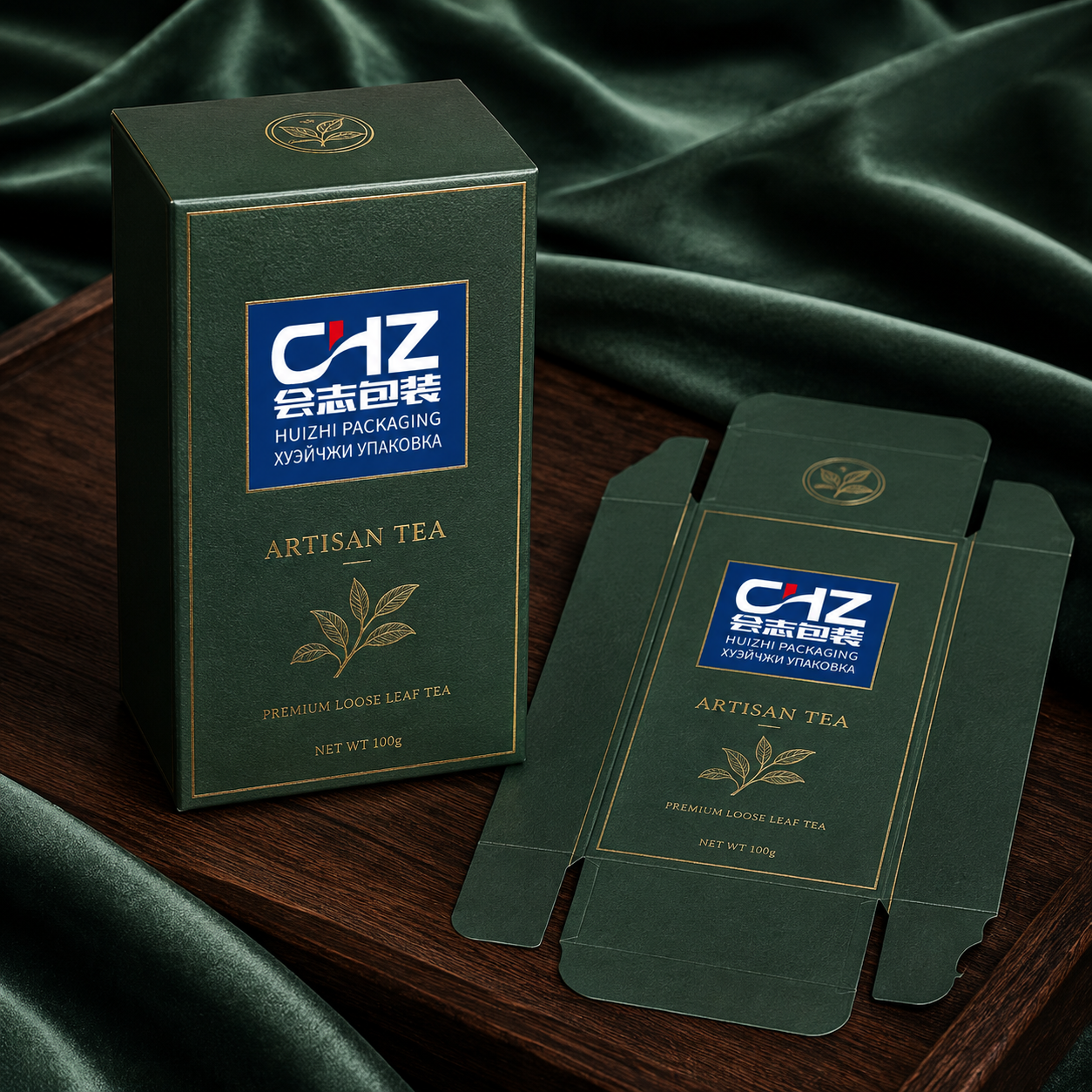 Emerald green artisan tea folding carton and matching flat dieline with Huizhi Packaging logo and gold details.