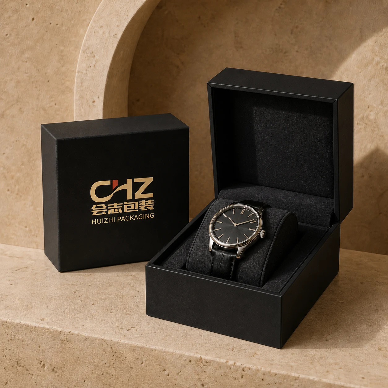 Open matte black magnetic rigid watch box with a fitted charcoal cushion holding one unbranded wristwatch.