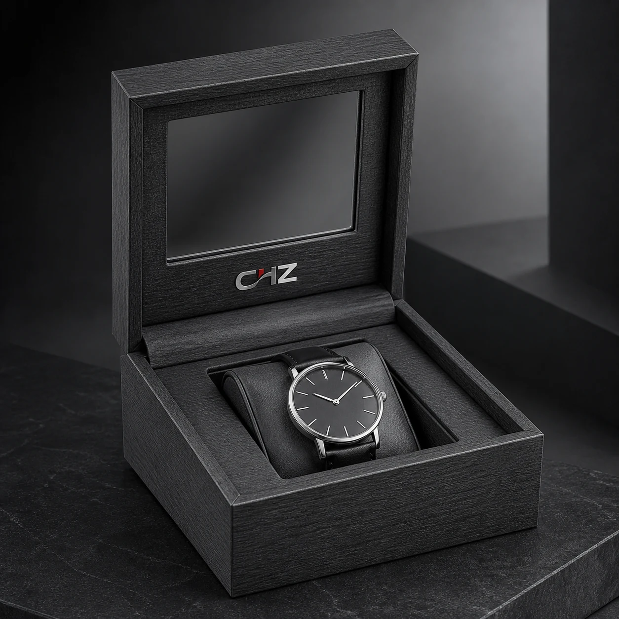 Charcoal woodgrain-paper watch presentation box with a viewing window and one generic unbranded watch inside.