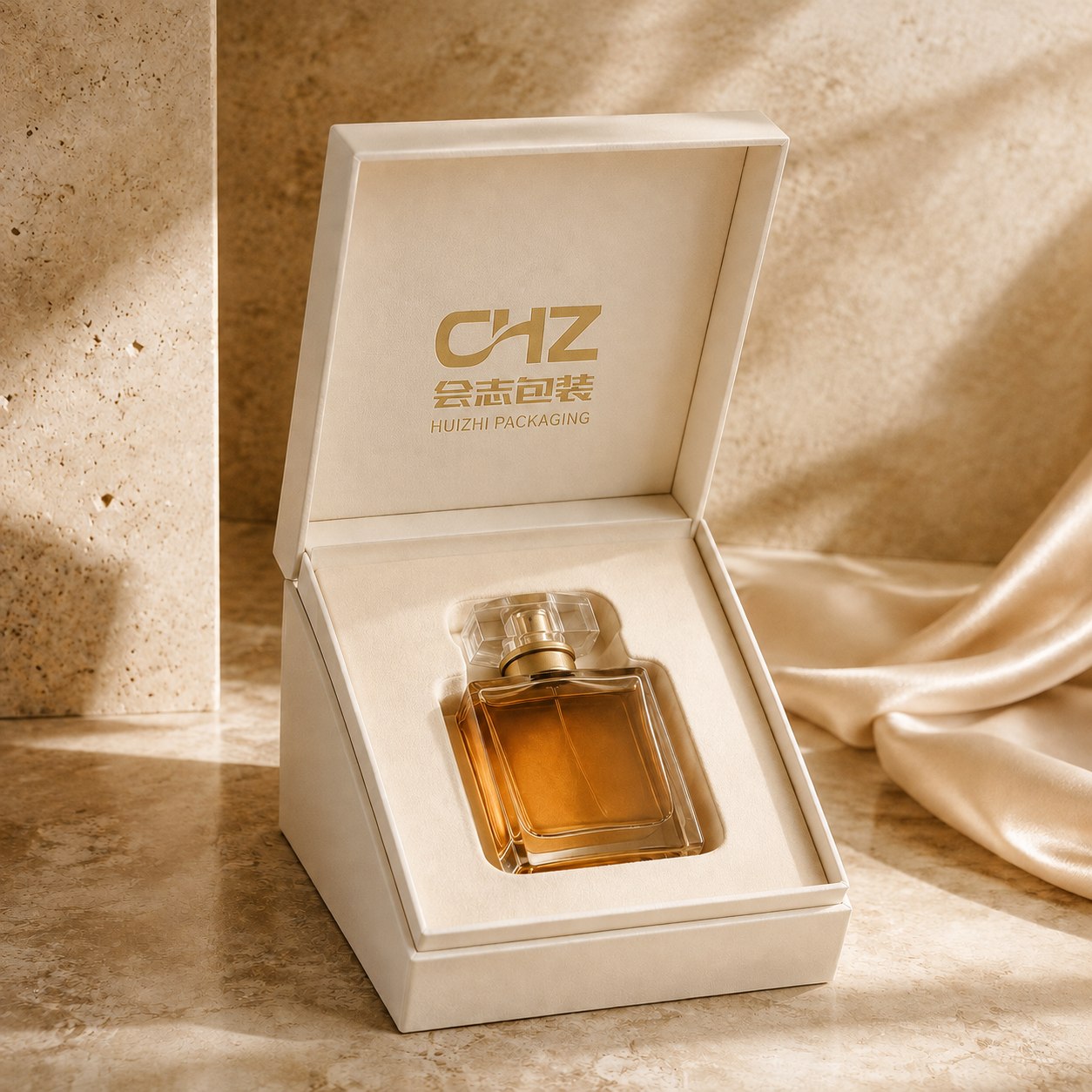 Ivory Book-Style Fragrance Case branded with the Huizhi Packaging logo.