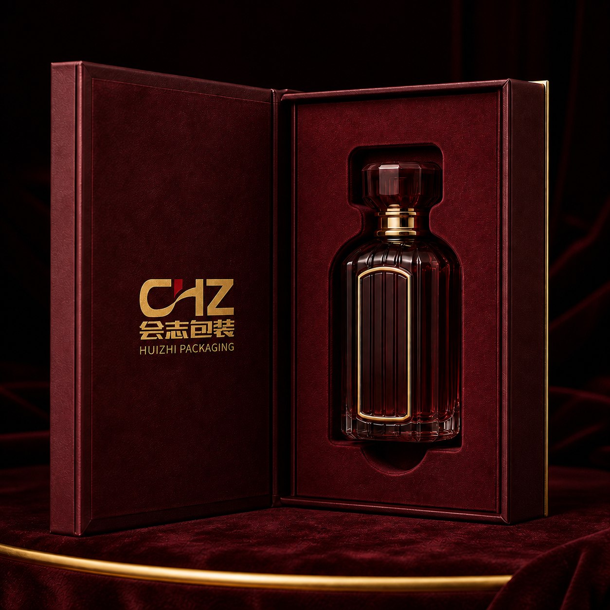 Burgundy Book-Style Perfume Box branded with the Huizhi Packaging logo.