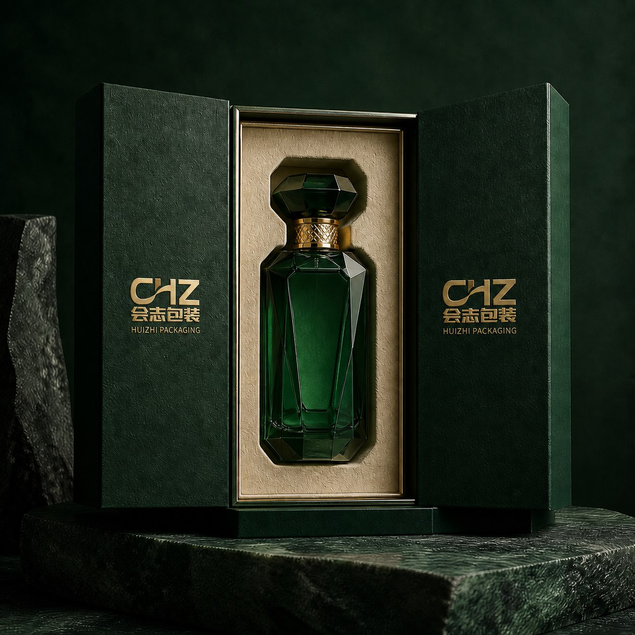 Emerald Double-Door Perfume Display branded with the Huizhi Packaging logo.