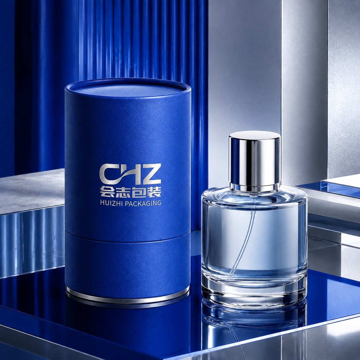 Cobalt Cylindrical Fragrance Tube branded with the Huizhi Packaging logo.