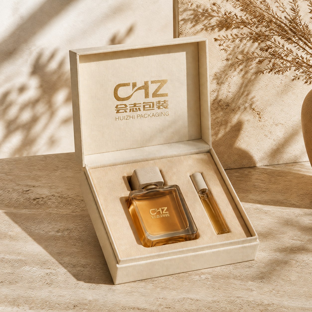 Natural Linen Perfume Gift Case branded with the Huizhi Packaging logo.