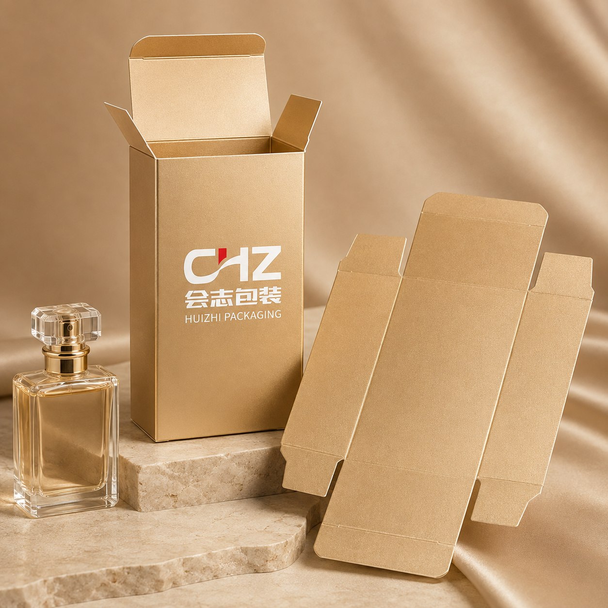 Champagne Folding Perfume Carton branded with the Huizhi Packaging logo.
