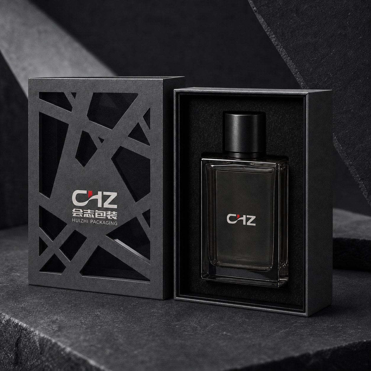 Graphite Geometric Sleeve Box branded with the Huizhi Packaging logo.