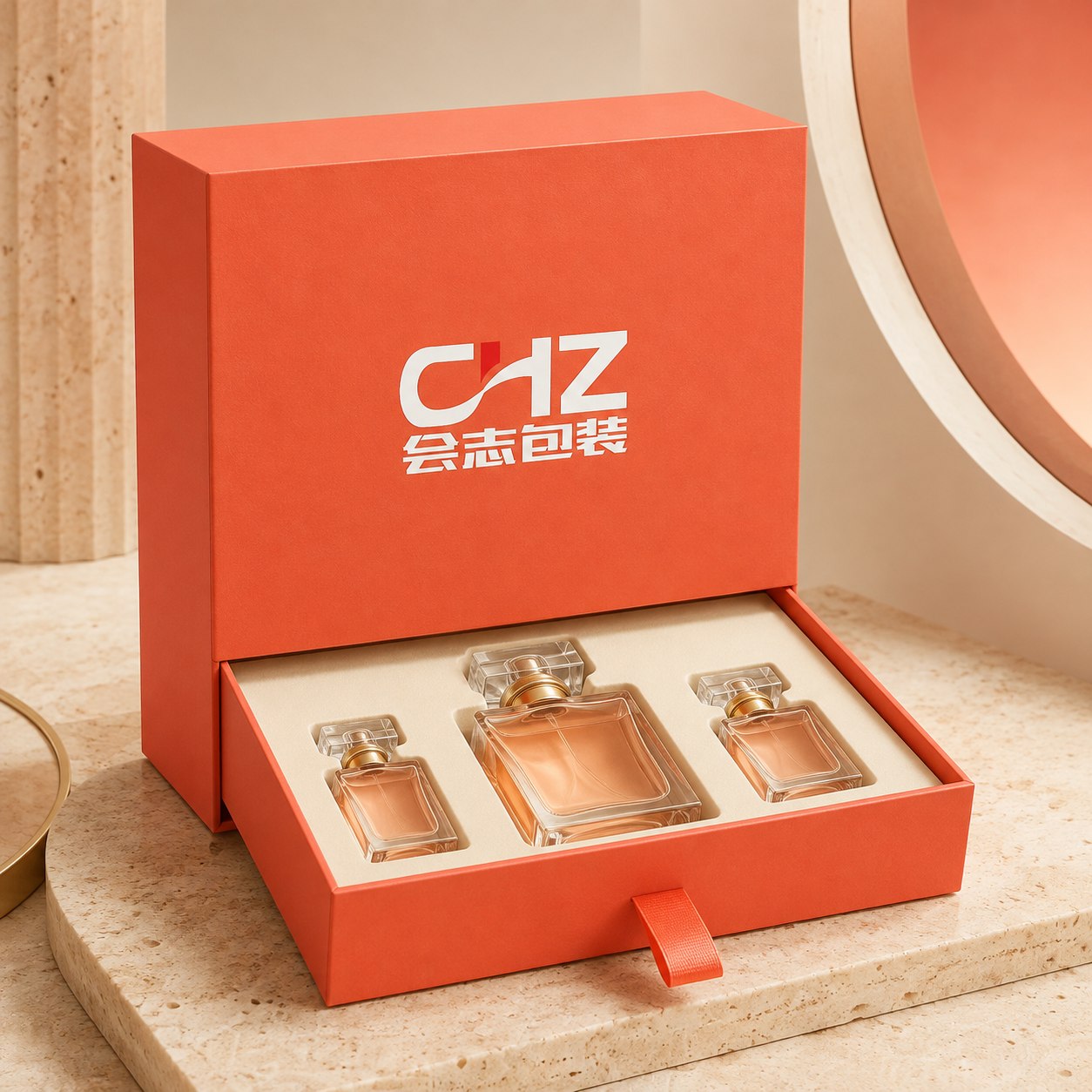Coral Drawer Perfume Gift Set branded with the Huizhi Packaging logo.